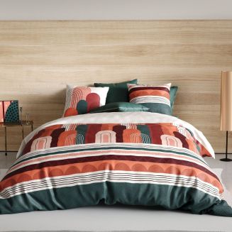 Parure housse de couette 240x220cm + 2 taies motif rétro terracotta et vert100% coton- OLGA