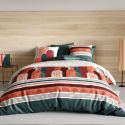 Parure housse de couette 260x240cm + 2 taies motif rétro terracotta et vert100% coton- OLGA