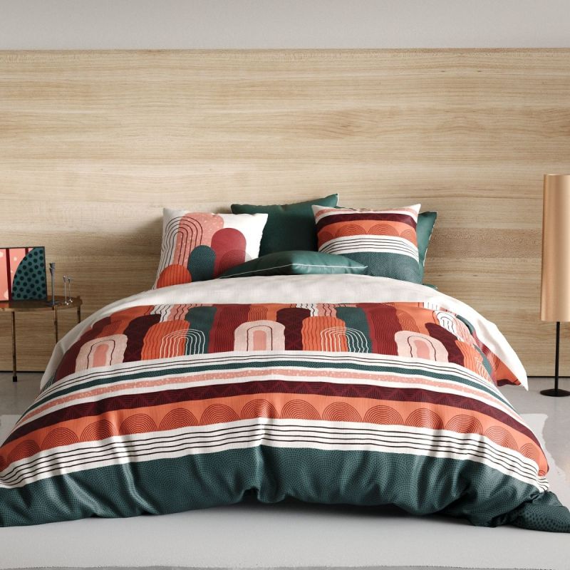 Parure housse de couette 260x240cm + 2 taies motif rétro terracotta et vert100% coton- OLGA