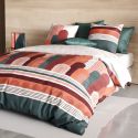 Parure housse de couette 260x240cm + 2 taies motif rétro terracotta et vert100% coton- OLGA