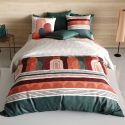 Parure housse de couette 260x240cm + 2 taies motif rétro terracotta et vert100% coton- OLGA