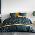 Parure housse de couette 260x240cm + 2 taies motif feuillage ginko bleu et jaune 100% coton - JAYAN