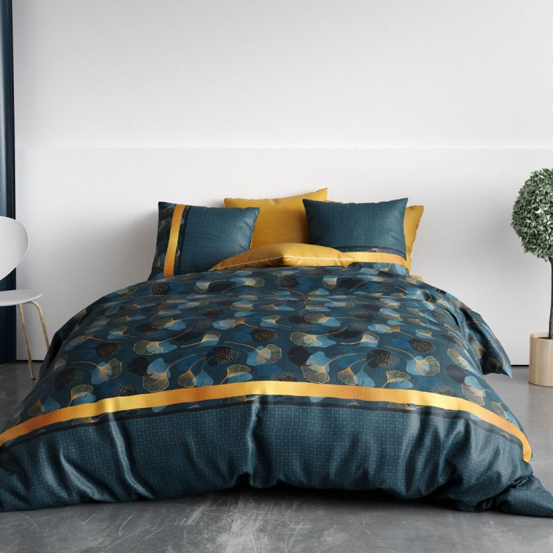 Parure housse de couette 260x240cm + 2 taies motif feuillage ginko bleu et jaune 100% coton - JAYAN