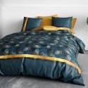 Parure housse de couette 260x240cm + 2 taies motif feuillage ginko bleu et jaune 100% coton - JAYAN