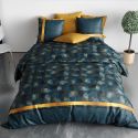 Parure housse de couette 260x240cm + 2 taies motif feuillage ginko bleu et jaune 100% coton - JAYAN