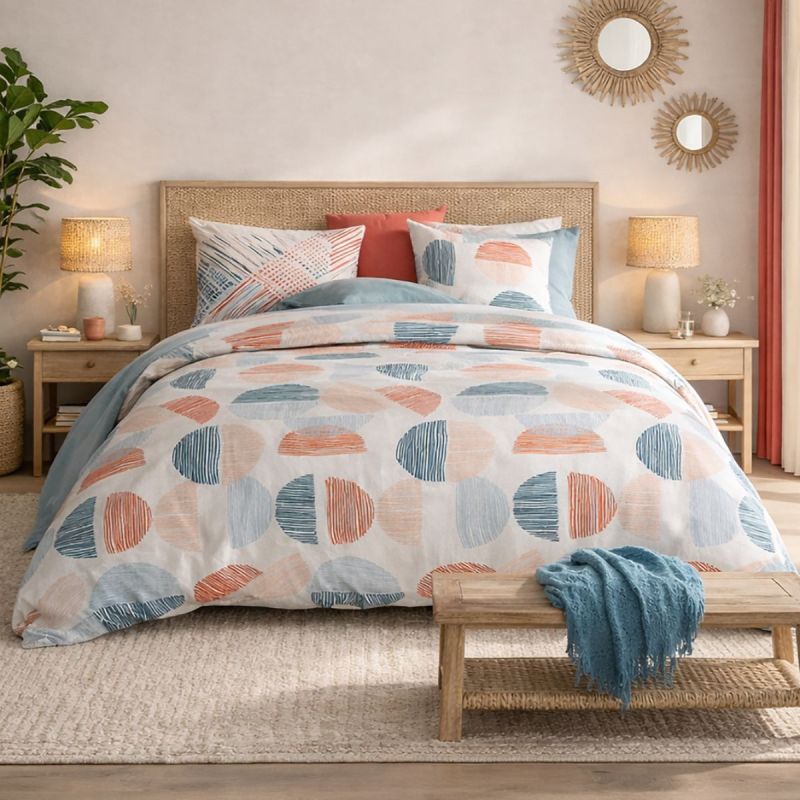 Parure housse de couette 240x220cm + 2 taies motif graphique bleu et rouge 100% coton - ARLY