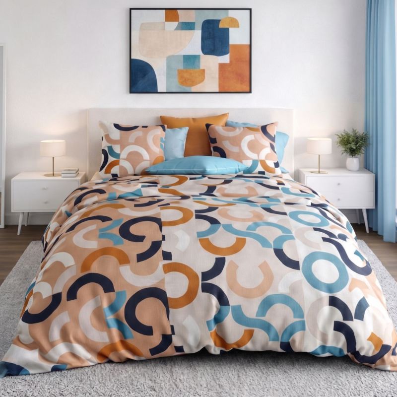 Parure housse de couette 260x240cm + 2 taies motif pop bleu et orange 100% coton - VIRGILE