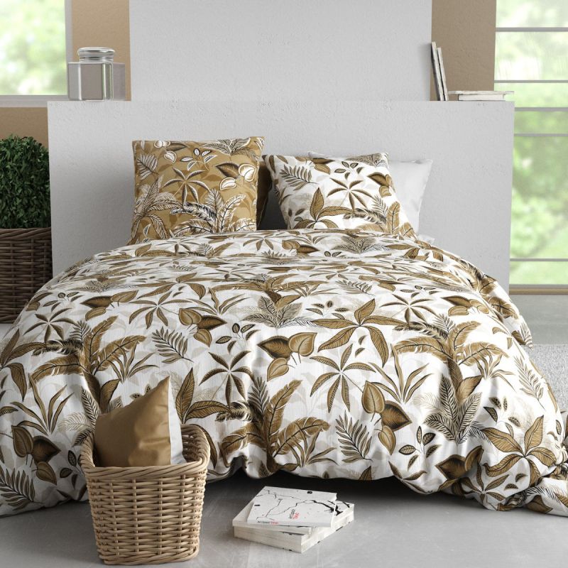 Parure housse de couette 240x220cm + 2 taies motif exotique blanc et beige 100% coton - NAHELI