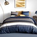 Parure housse de couette 260x240cm + 2 taies motif graphique blanc bleu et jaune 100% coton - OLYPSIA