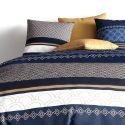 Parure housse de couette 260x240cm + 2 taies motif graphique blanc bleu et jaune 100% coton - OLYPSIA