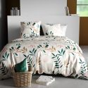 Parure housse de couette 260x240cm + 2 taies motif fleurs blanc rose et vert 100% coton - SILOE