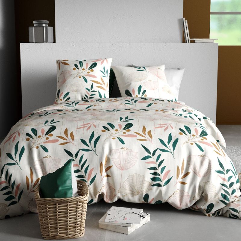 Parure housse de couette 260x240cm + 2 taies motif fleurs blanc rose et vert 100% coton - SILOE
