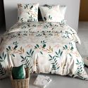 Parure housse de couette 260x240cm + 2 taies motif fleurs blanc rose et vert 100% coton - SILOE