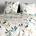 Parure housse de couette 260x240cm + 2 taies motif fleurs blanc rose et vert 100% coton - SILOE