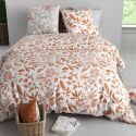 Parure housse de couette 260x240cm + 2 taies motif feuillage blanc et orange 100% coton - AHYLIA