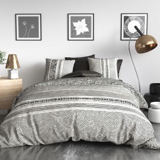 Parure housse de couette 260x240cm + 2 taies motif graphique noir et blanc 100% coton - TRICIA