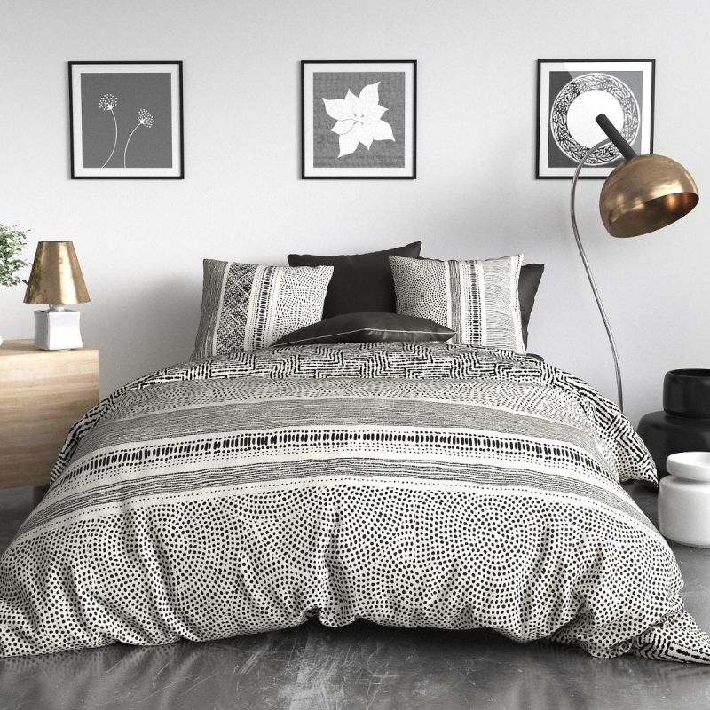 Parure housse de couette 240x220cm + 2 taies motif graphique noir et blanc 100% coton - TRICIA