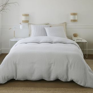 Parure housse de couette 240x220cm + 2 taies motif rayé gris et blanc 100% gaze de coton - ALYANA