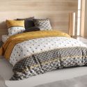 Parure housse de couette 260x240cm + 2 taies motif rétro gris et jaune 100% coton - TILIO