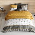 Parure housse de couette 260x240cm + 2 taies motif rétro gris et jaune 100% coton - TILIO