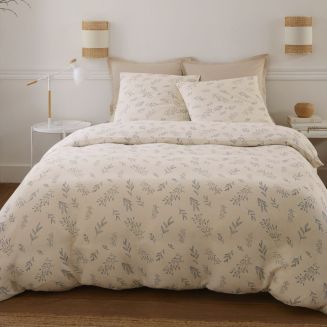 Parure housse de couette 240x220cm + 2 taies motif petites fleurs beige 100% gaze de coton - VEOLIS