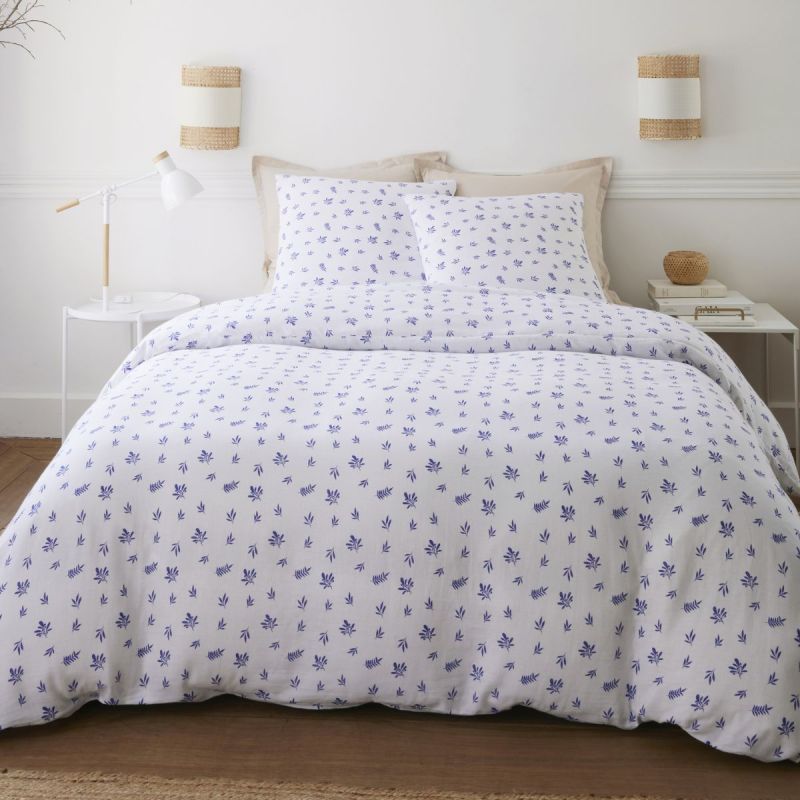 Parure housse de couette 260x240cm + 2 taies motif olivier beige et bleu 100% gaze de coton - ANGUSSE