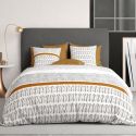 Parure housse de couette 240x220cm + 2 taies motif graphique blanc, noir et jaune 100% coton - SELINA