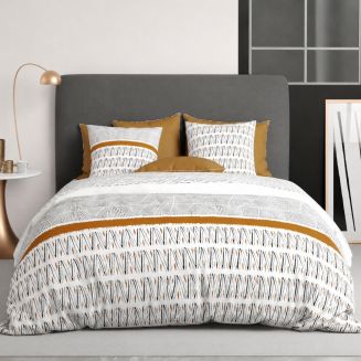 Parure housse de couette 240x220cm + 2 taies motif graphique blanc, noir et jaune 100% coton - SELINA