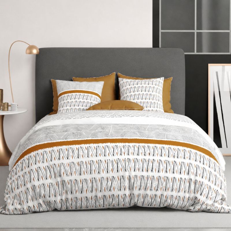 Parure housse de couette 240x220cm + 2 taies motif graphique blanc, noir et jaune 100% coton - SELINA