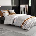 Parure housse de couette 240x220cm + 2 taies motif graphique blanc, noir et jaune 100% coton - SELINA