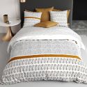 Parure housse de couette 240x220cm + 2 taies motif graphique blanc, noir et jaune 100% coton - SELINA