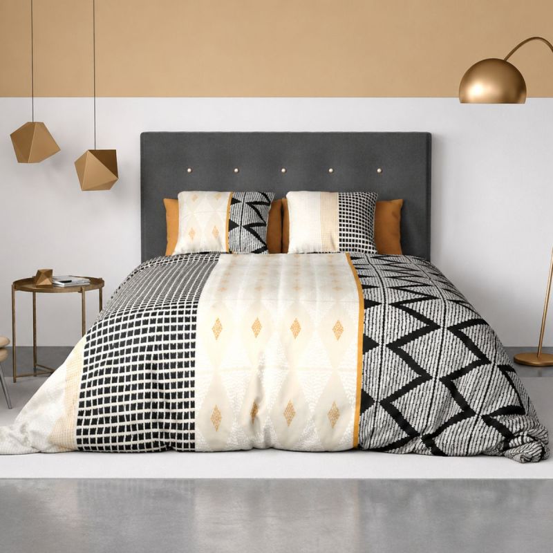Parure housse de couette 240x220cm + 2 taies motif ethnique beige et noir 100% coton - DIANA