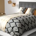 Parure housse de couette 240x220cm + 2 taies motif ethnique beige et noir 100% coton - DIANA