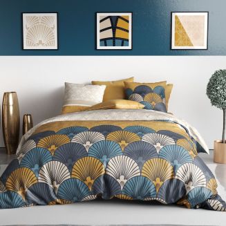Parure housse de couette 240x220cm + 2 taies motif rétro bleu et jaune 100% coton - MANDY
