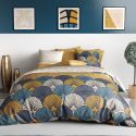 Parure housse de couette 260x240cm + 2 taies motif rétro bleu et jaune 100% coton - MANDY
