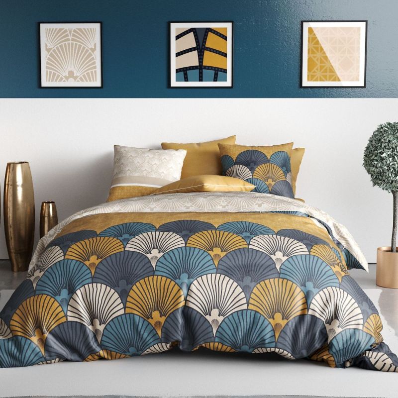 Parure housse de couette 260x240cm + 2 taies motif rétro bleu et jaune 100% coton - MANDY