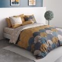 Parure housse de couette 260x240cm + 2 taies motif rétro bleu et jaune 100% coton - MANDY
