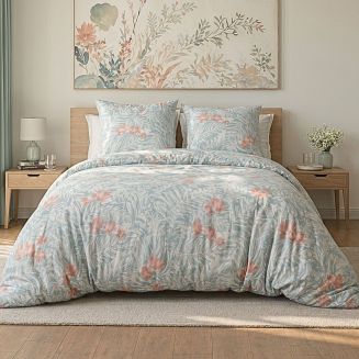Parure housse de couette 260x240cm + 2 taies motif floral turquoise et rose 100% microfibre - BLANDINE