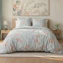 Parure housse de couette 240x220cm + 2 taies motif floral turquoise et rose 100% microfibre - BLANDINE