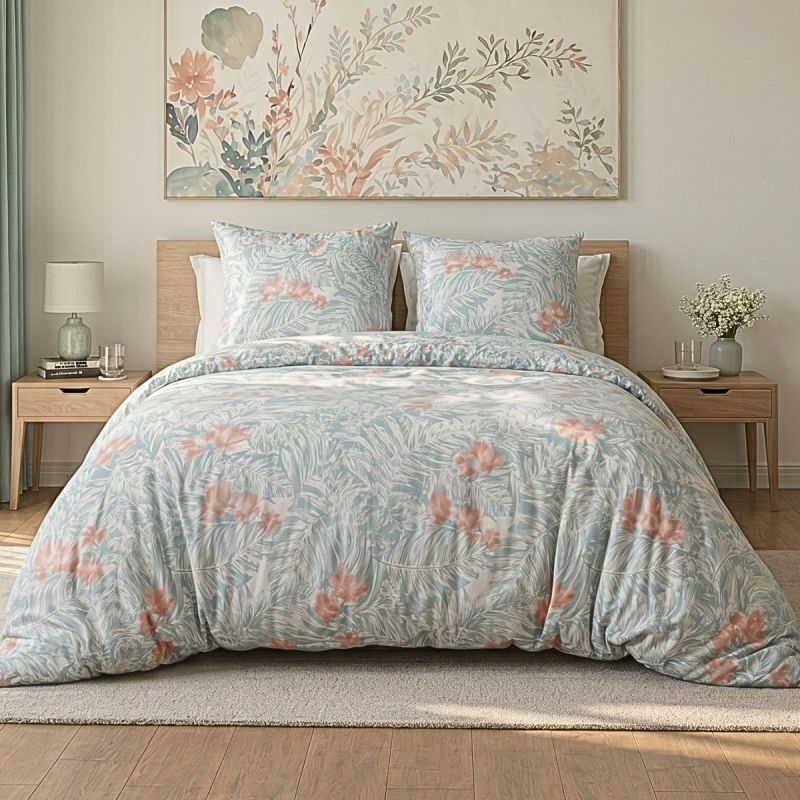 Parure housse de couette 240x220cm + 2 taies motif floral turquoise et rose 100% microfibre - BLANDINE