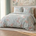 Parure housse de couette 240x220cm + 2 taies motif floral turquoise et rose 100% microfibre - BLANDINE