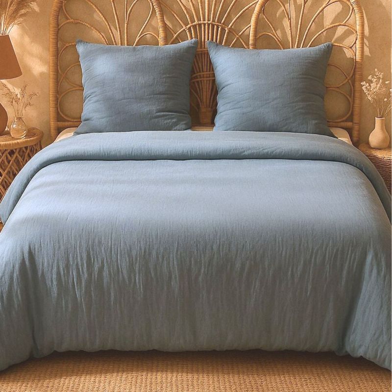 Parure housse de couette 260x240cm + 2 taies 100% gaze de microfibre uni bleu pétrole - NATHEA