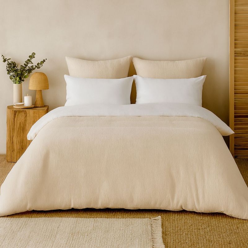 Parure housse de couette 260x240cm + 2 taies 100% gaze de microfibre uni écru - NATHEA