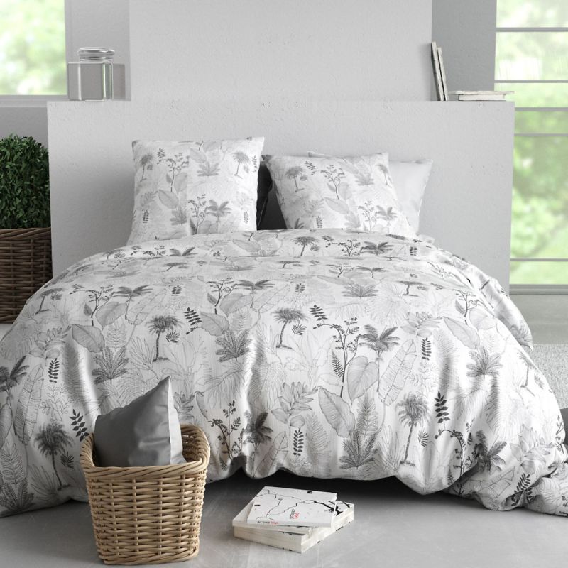 Parure housse de couette 260x240cm + 2 taies motif feuillage palmier blanc et noir 100% coton - JOSSELIN