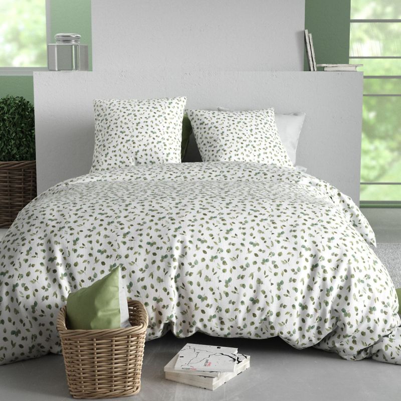 Parure housse de couette 260x240cm + 2 taies motif petites feuilles blanc et vert 100% coton - LAZARE