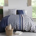 Parure housse de couette 260x240cm + 2 taies motif géométrique bleu 100% coton - ORANE