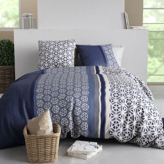 Parure housse de couette 260x240cm + 2 taies motif géométrique bleu 100% coton - ORANE