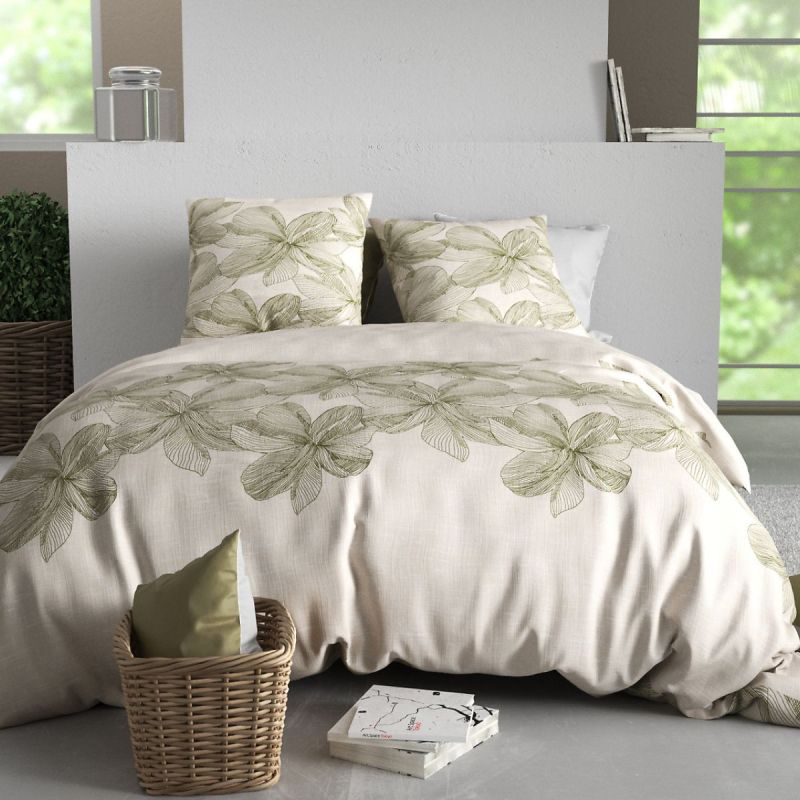 Parure housse de couette 260x240cm + 2 taies motif fleurs beige et vert 100% coton - ARTUS