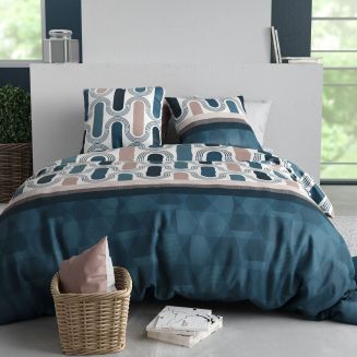 Parure housse de couette 260x240cm + 2 taies motif pop rétro bleu et rose 100% coton - LEANA