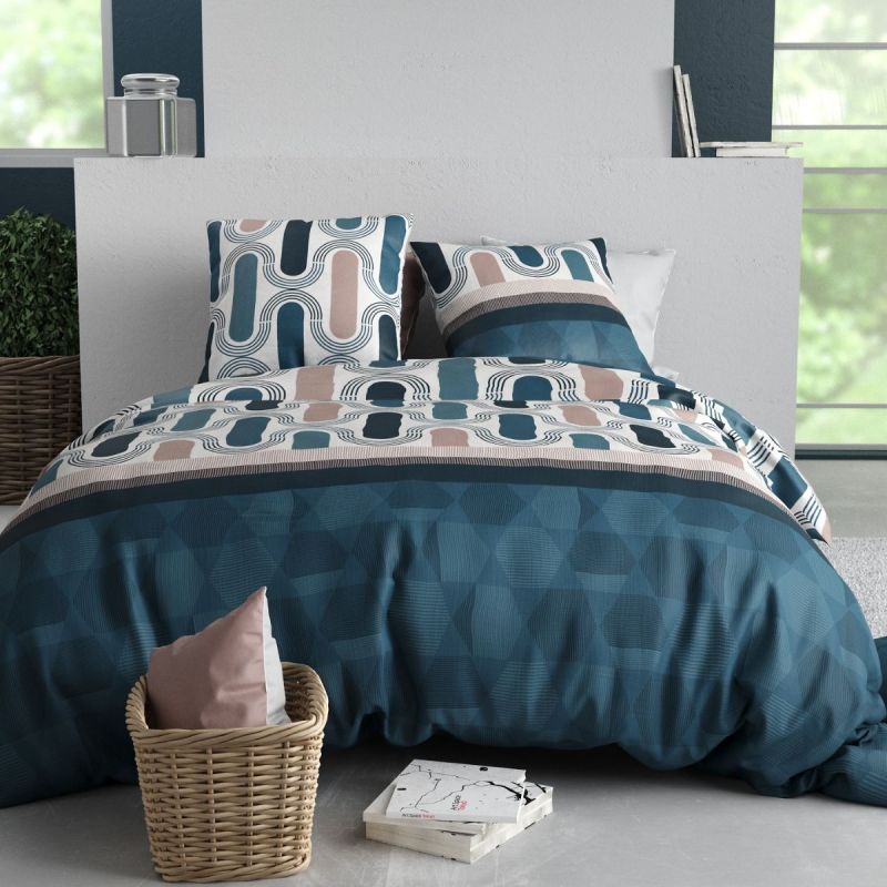 Parure housse de couette 260x240cm + 2 taies motif pop rétro bleu et rose 100% coton - LEANA